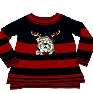 Holiday Time Size Large L Sequin Bulldog Reindeer Christmas Sweater Long Sleeve